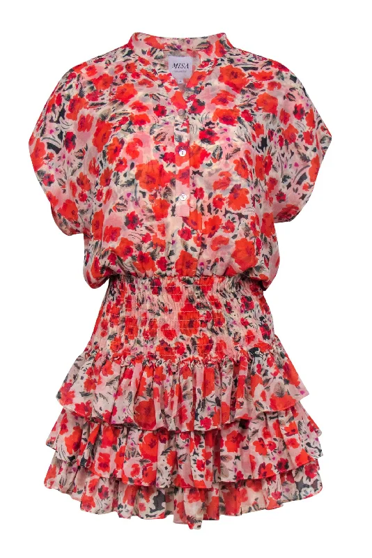 Printed Abstract Women Dress for a Modern and Artistic Appeal Printed Abstract Women Dress for a Modern and Artistic Appeal MISA Los Angeles - Pink & Red Floral Print Cap Sleeve Ruffled Dress Sz S