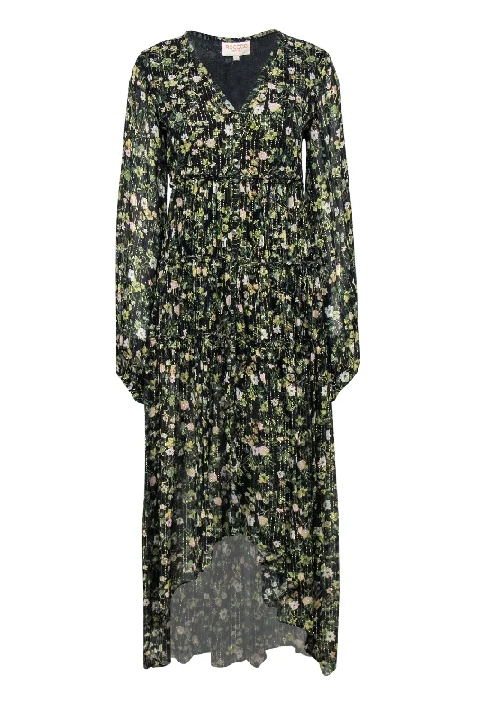 Mermaid - Style Women Dress with a Fitted Silhouette for Special Occasions Mermaid - Style Women Dress with a Fitted Silhouette for Special Occasions Rococo Sand - Black & Multicolor Floral Print High-Low Maxi Dress w/ Gold Pinstripes Sz S
