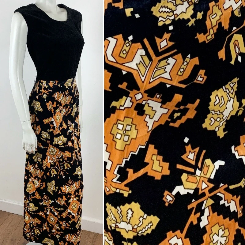 Pleated Women Dress with a Timeless and Elegant Texture Pleated Women Dress with a Timeless and Elegant Texture VINTAGE 70S BLACK VELVET MAXI DRESS ORANGE WHITE AZTEC PRINT 12 14
