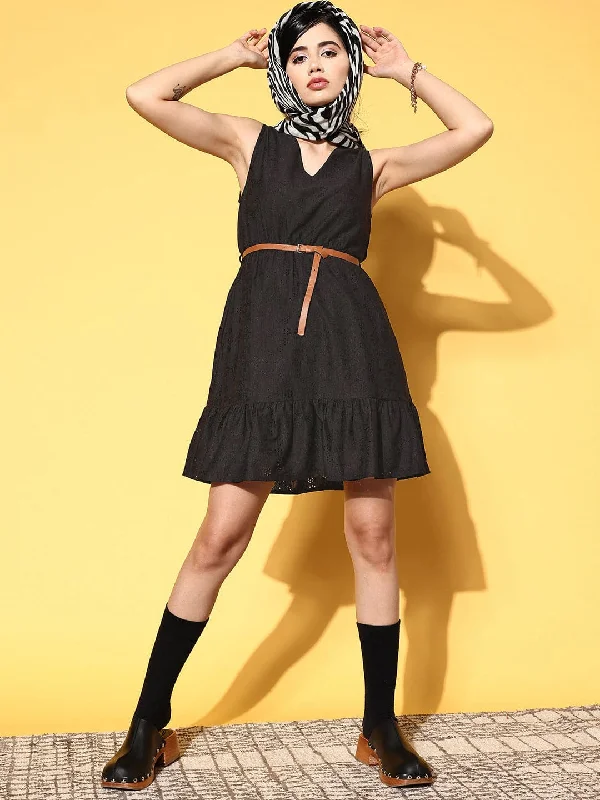 Empire Waist Women Dress to Accentuate the Bust and Conceal the Waist Empire Waist Women Dress to Accentuate the Bust and Conceal the Waist Women Black Schiffli V-Neck Frill Hem Belted Dress Empire Waist Women Dress to Accentuate the Bust and Conceal the Waist Empire Waist Women Dress to Accentuate the Bust and Conceal the Waist Women Black Schiffli V-Neck Frill Hem Belted Dress