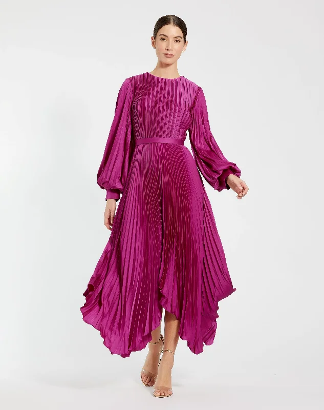 Midi dresses with satin - finish fabrics for a luxurious feel Long Sleeve Pleated Handkerchief Dress Midi dresses with satin - finish fabrics for a luxurious feel Long Sleeve Pleated Handkerchief Dress