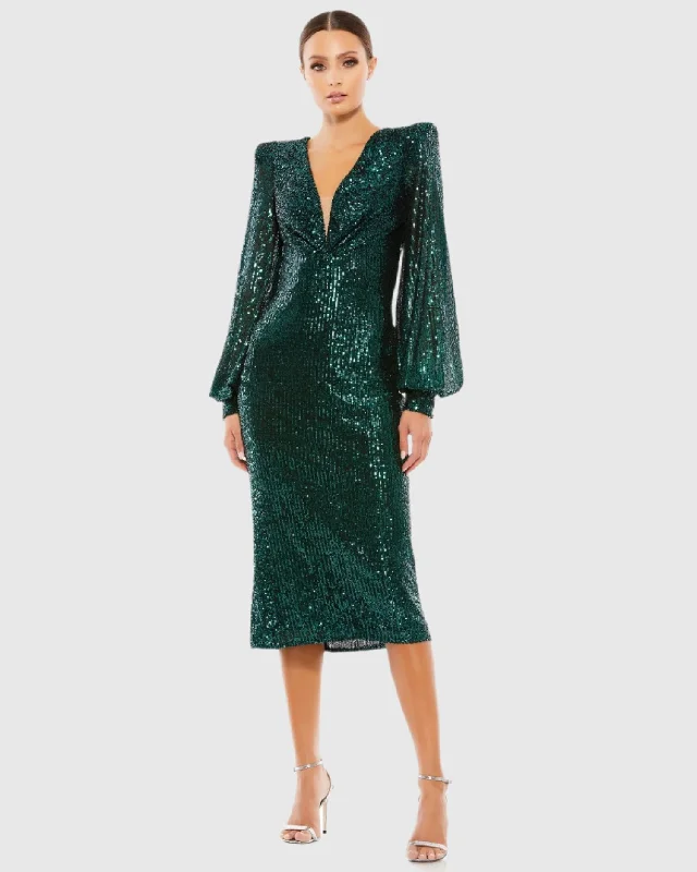Midi dresses with button - down skirts for a unique and functional design Sequined Structured Bishop Sleeve Midi Dress Midi dresses with button - down skirts for a unique and functional design Sequined Structured Bishop Sleeve Midi Dress
