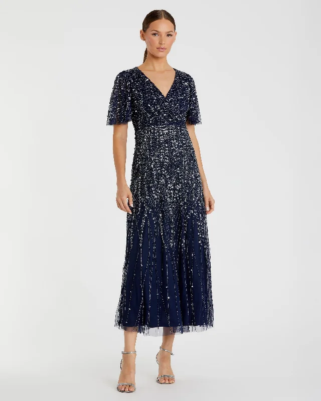 Maxi - inspired midi dresses with flowing fabrics for a beachy vibe Beaded Wrap Over Butterfly Sleeve Column Dress Maxi - inspired midi dresses with flowing fabrics for a beachy vibe Beaded Wrap Over Butterfly Sleeve Column Dress