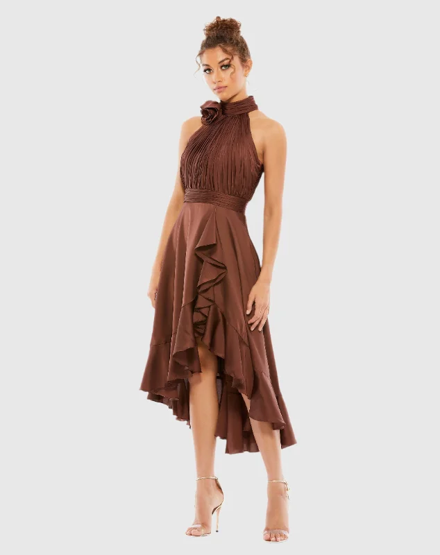 Midi dresses with abstract art prints for an artistic statement Brown Halter Neck Flower Detail Ruffled Midi Dress Midi dresses with abstract art prints for an artistic statement Brown Halter Neck Flower Detail Ruffled Midi Dress
