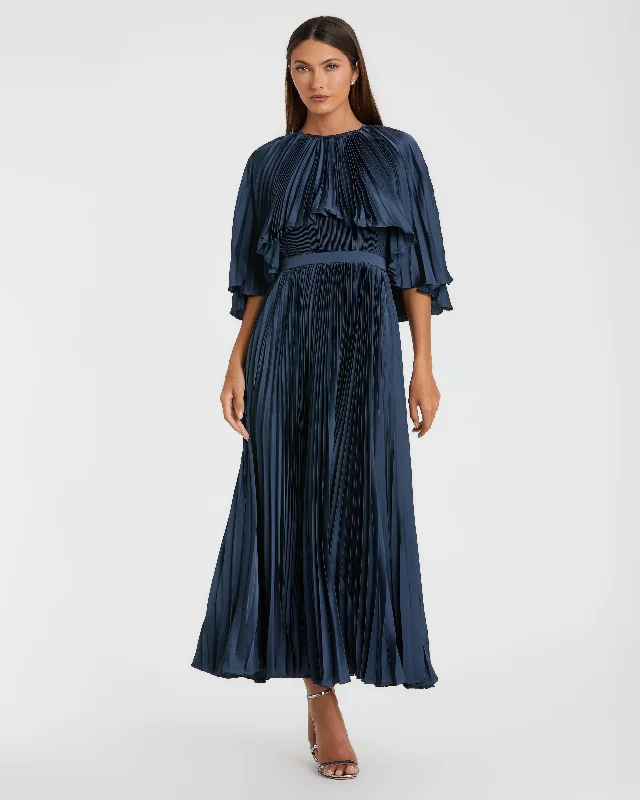 Midi dresses with wrap - around skirts for a customizable fit Blue Pleated Caplet Tea-length Dress Midi dresses with wrap - around skirts for a customizable fit Blue Pleated Caplet Tea-length Dress