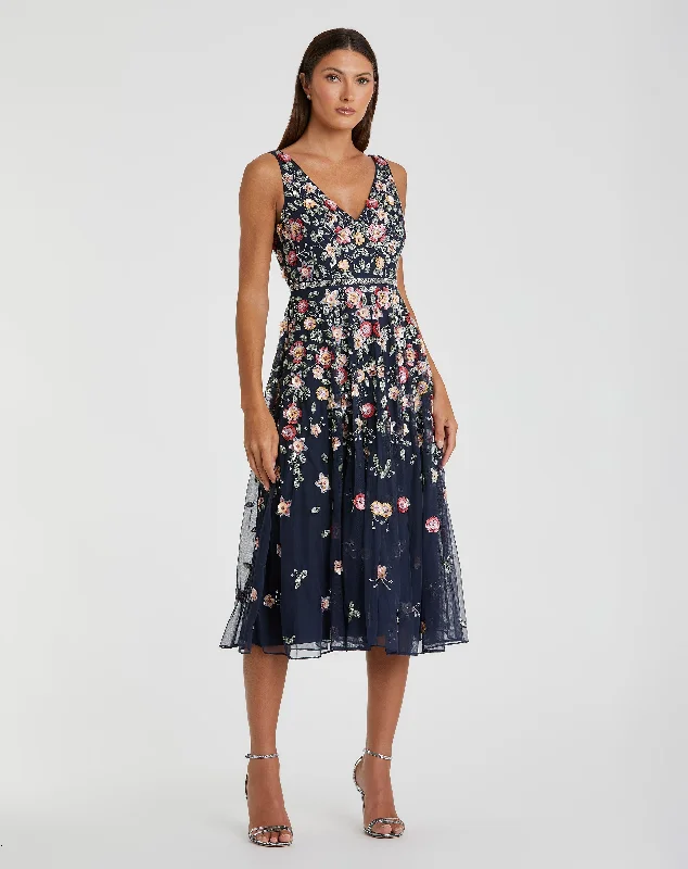 Midi dresses with tassel accents for a bohemian and free - spirited style V-neck Sleeveless Midi Floral Beaded A-line Dress Midi dresses with tassel accents for a bohemian and free - spirited style V-neck Sleeveless Midi Floral Beaded A-line Dress