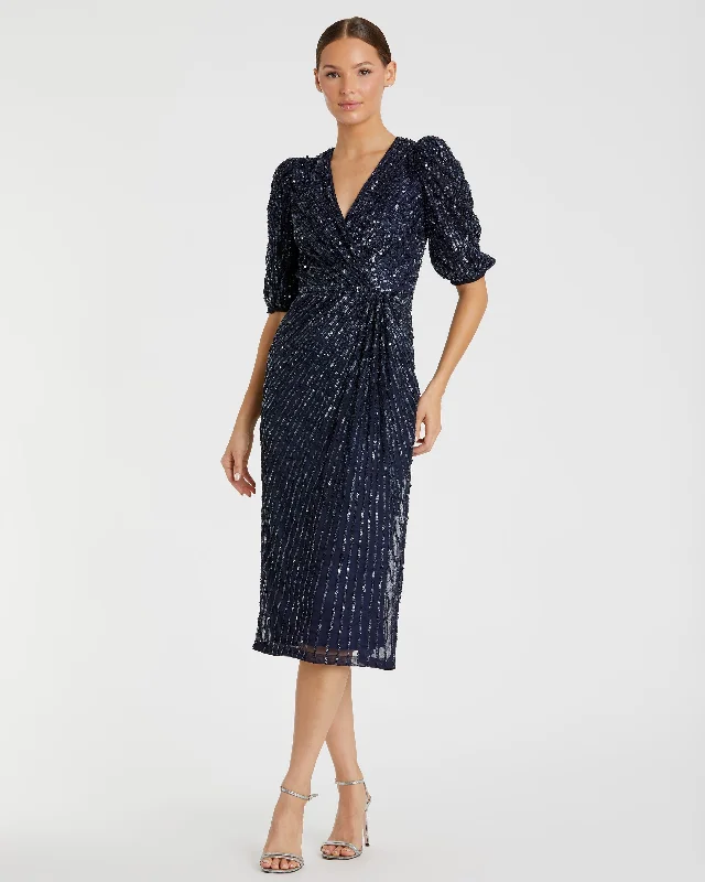 Midi dresses with sheer panels for a touch of allure Sequined V-Neck Short Puff Sleeve Midi Dress Midi dresses with sheer panels for a touch of allure Sequined V-Neck Short Puff Sleeve Midi Dress