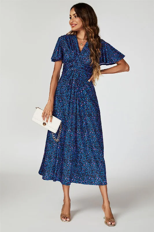 Wrap - style midi dresses in silk for a sophisticated office look Animal Print Angel Sleeve Twist Midi Dress In Blue Wrap - style midi dresses in silk for a sophisticated office look Animal Print Angel Sleeve Twist Midi Dress In Blue