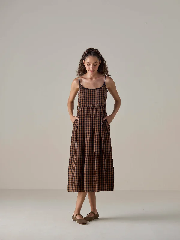 Plaid midi dresses for a fall - themed family gathering Auburn Check Slip Dress