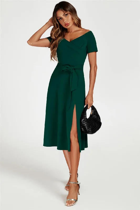 Midi dresses with ruched bodices for a feminine and fitted feel Bardot Midi Dress In Green