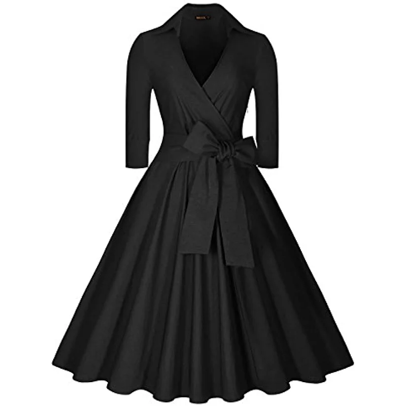 Midi dresses with metallic threads for a glamorous evening event BerriesJam - Deep-V Neck Classical Bow Belt Vintage Swing Dress Midi dresses with metallic threads for a glamorous evening event BerriesJam - Deep-V Neck Classical Bow Belt Vintage Swing Dress