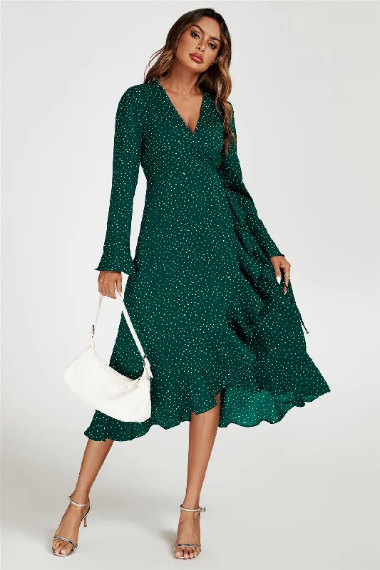 Maxi - inspired midi dresses with flowing fabrics for a beachy vibe Dot Print Wave Front Frill Wrap Midi Dress In Green Maxi - inspired midi dresses with flowing fabrics for a beachy vibe Dot Print Wave Front Frill Wrap Midi Dress In Green