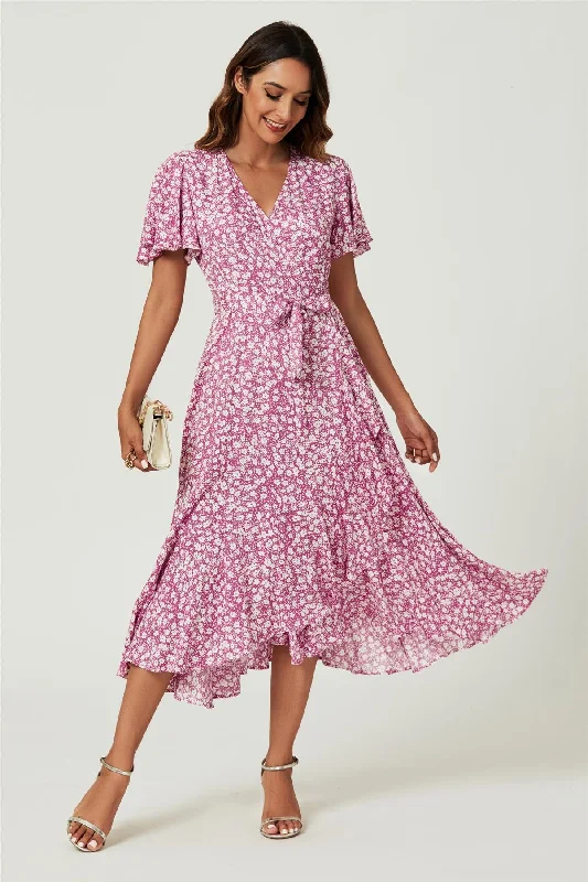 Velvet midi dresses in jewel tones for a glamorous winter event Floral Print Midi Wrap Dress In Pink Velvet midi dresses in jewel tones for a glamorous winter event Floral Print Midi Wrap Dress In Pink