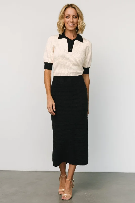 Midi dresses with cold - shoulder cutouts for a trendy style Gwendolyn Collared Midi Dress | Navy + Cream Midi dresses with cold - shoulder cutouts for a trendy style Gwendolyn Collared Midi Dress | Navy + Cream