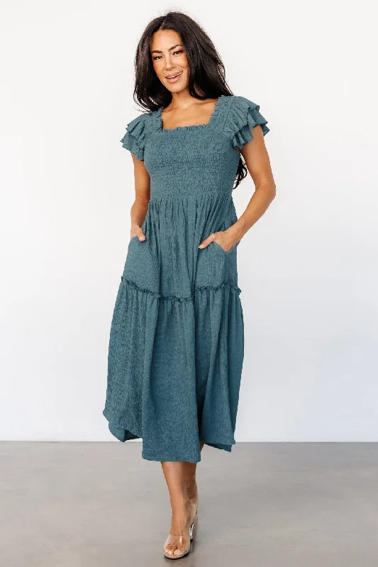 Sleeveless midi dresses with lace details for summer weddings Jacie Smocked Midi Dress | Vintage Teal Sleeveless midi dresses with lace details for summer weddings Jacie Smocked Midi Dress | Vintage Teal