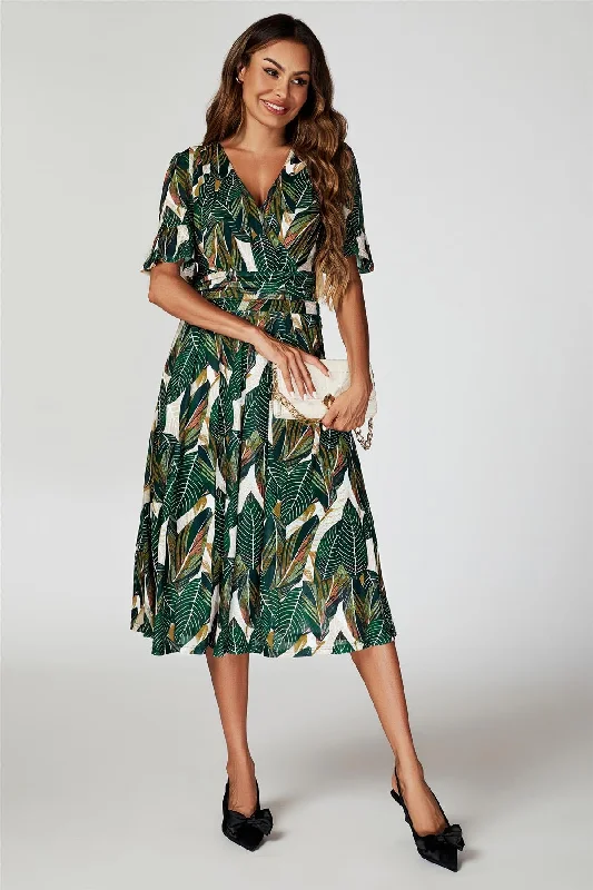 Midi dresses with lace - up fronts for a unique and adjustable style Leaf Print Mesh Midi Dress In Green Midi dresses with lace - up fronts for a unique and adjustable style Leaf Print Mesh Midi Dress In Green