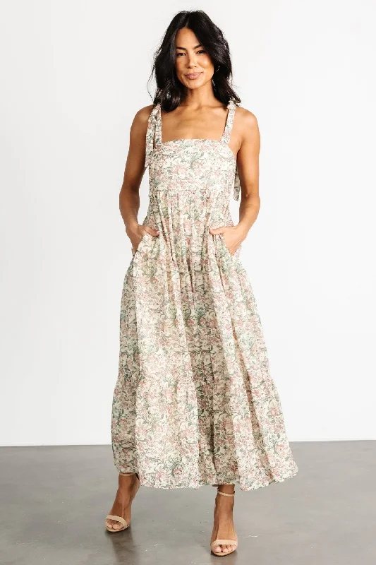 Midi dresses with patchwork patterns for a one - of - a - kind style Lelisa Shoulder Tie Dress | Cream Floral Midi dresses with patchwork patterns for a one - of - a - kind style Lelisa Shoulder Tie Dress | Cream Floral