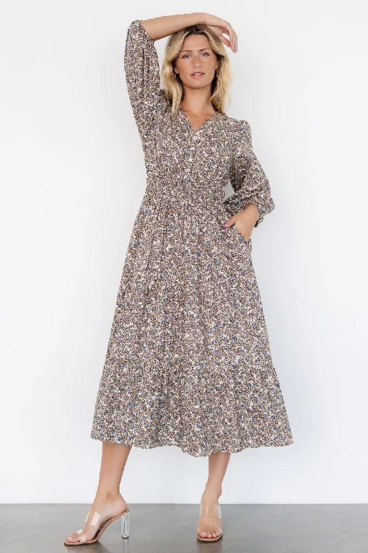 Midi dresses with embroidered accents for a unique and detailed design Leona Dress | Brown + Blue Multi Midi dresses with embroidered accents for a unique and detailed design Leona Dress | Brown + Blue Multi