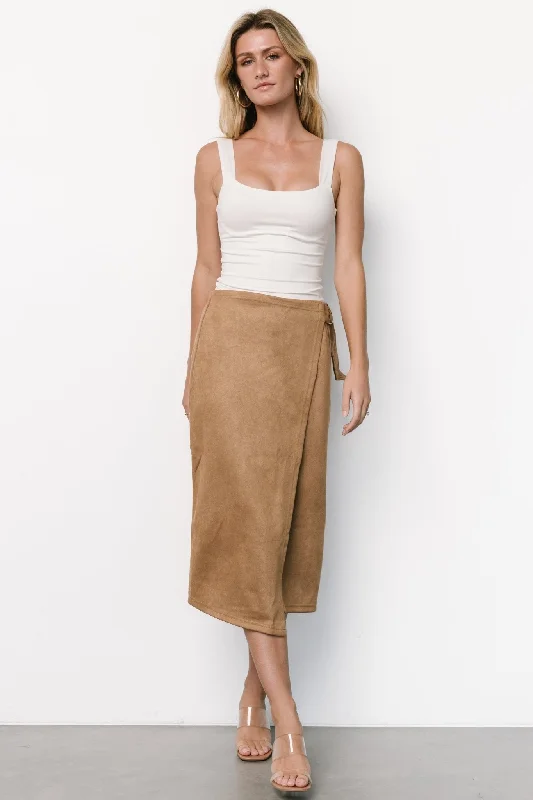 Midi dresses with patchwork patterns for a one - of - a - kind style Malika Faux Wrap Skirt | Camel Midi dresses with patchwork patterns for a one - of - a - kind style Malika Faux Wrap Skirt | Camel