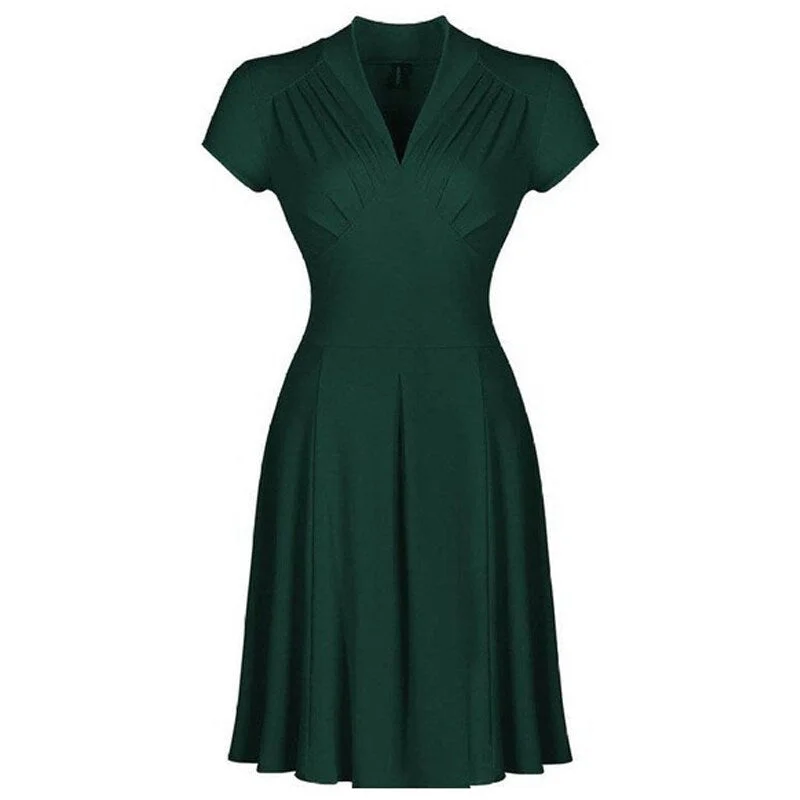 Midi dresses with denim fabric for a casual yet stylish day out BerriesJam - 2024 Solid Color Retro V Neck Short Tunic Midi Party Dress