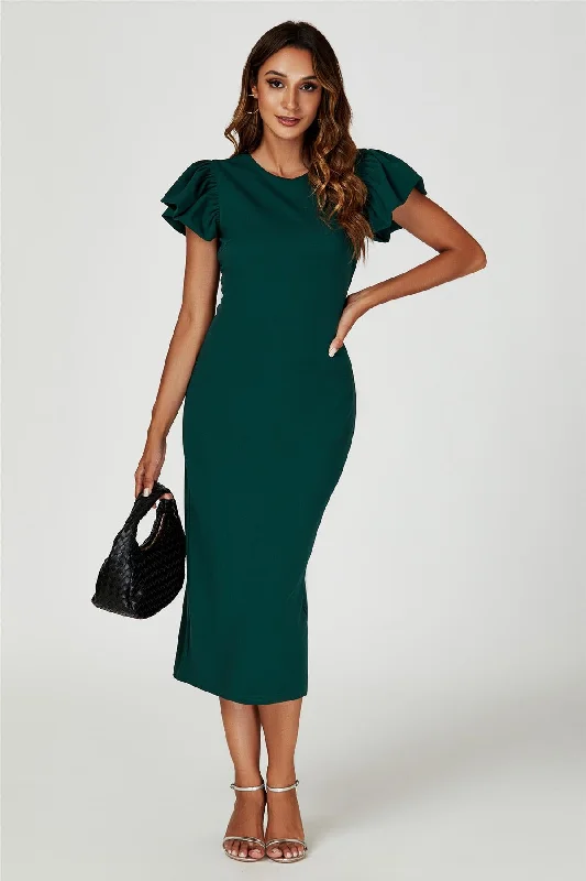Midi dresses with button - front designs for a classic touch Volume Sleeve Bodycon Midi Dress In Green Midi dresses with button - front designs for a classic touch Volume Sleeve Bodycon Midi Dress In Green