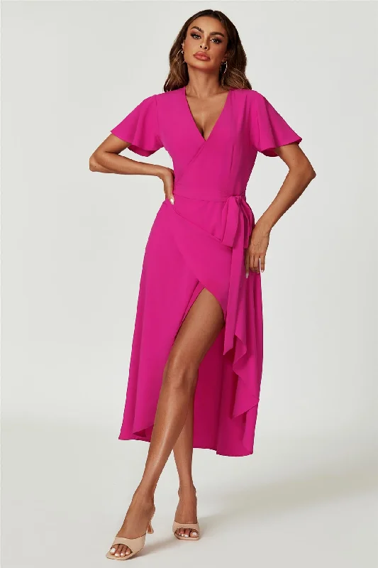 Midi dresses with ruched sleeves for a more fitted and stylish arm look Wrap Dress In Magenta Midi dresses with ruched sleeves for a more fitted and stylish arm look Wrap Dress In Magenta