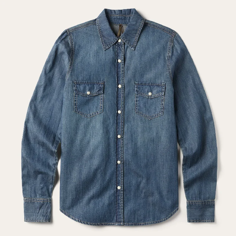 Denim Top with a Collared Neckline for a Preppy Style Boyfriend Fit Denim Shirt