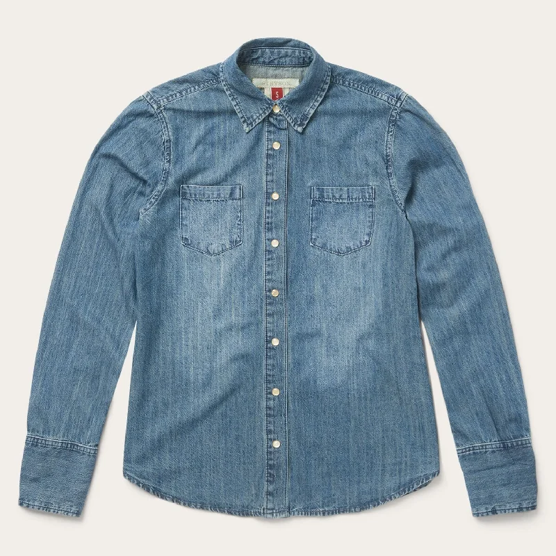 Denim Top with a Peplum Hem for a Flirty and Feminine Look Denim Snap Front Western Shirt Denim Top with a Peplum Hem for a Flirty and Feminine Look Denim Snap Front Western Shirt