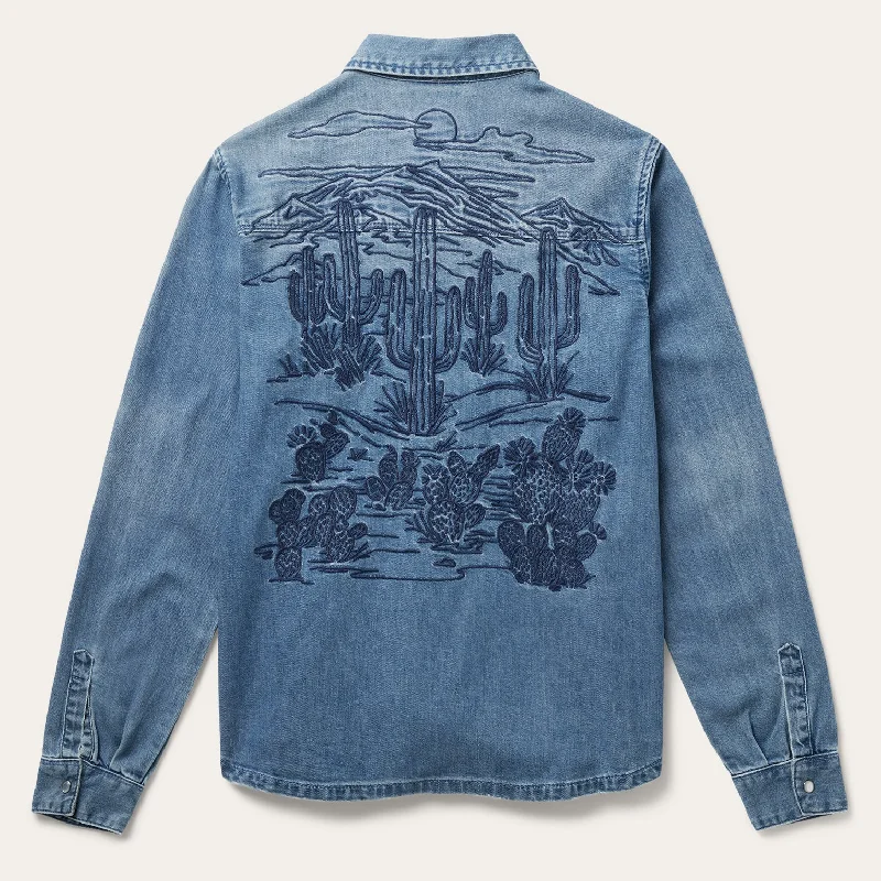Denim Top with a Metallic Accent for a Shiny Look Embroidered Boyfriend Fit Denim Shirt Denim Top with a Metallic Accent for a Shiny Look Embroidered Boyfriend Fit Denim Shirt