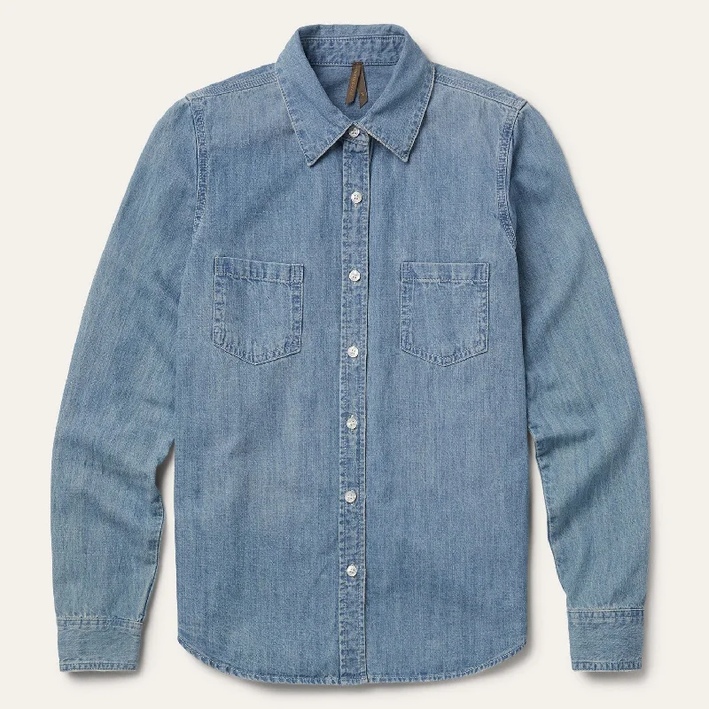 Denim Top with a Floral Print for a Feminine Touch Long-Sleeved Denim Shirt