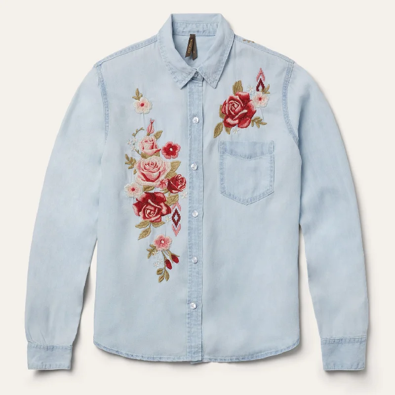 Denim Top with a Belted Waist for a Defined Silhouette Long-Sleeved Embroidered Shirt Denim Top with a Belted Waist for a Defined Silhouette Long-Sleeved Embroidered Shirt