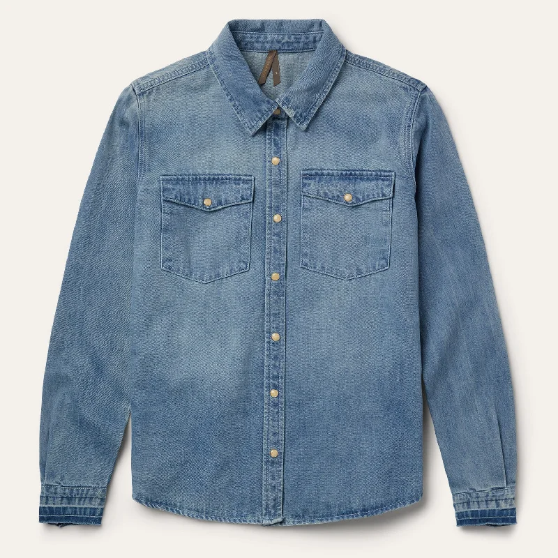 Long - Sleeve Denim Top for Cold Weather Layering Loose Fit Denim Snap-Front Shirt Long - Sleeve Denim Top for Cold Weather Layering Loose Fit Denim Snap-Front Shirt