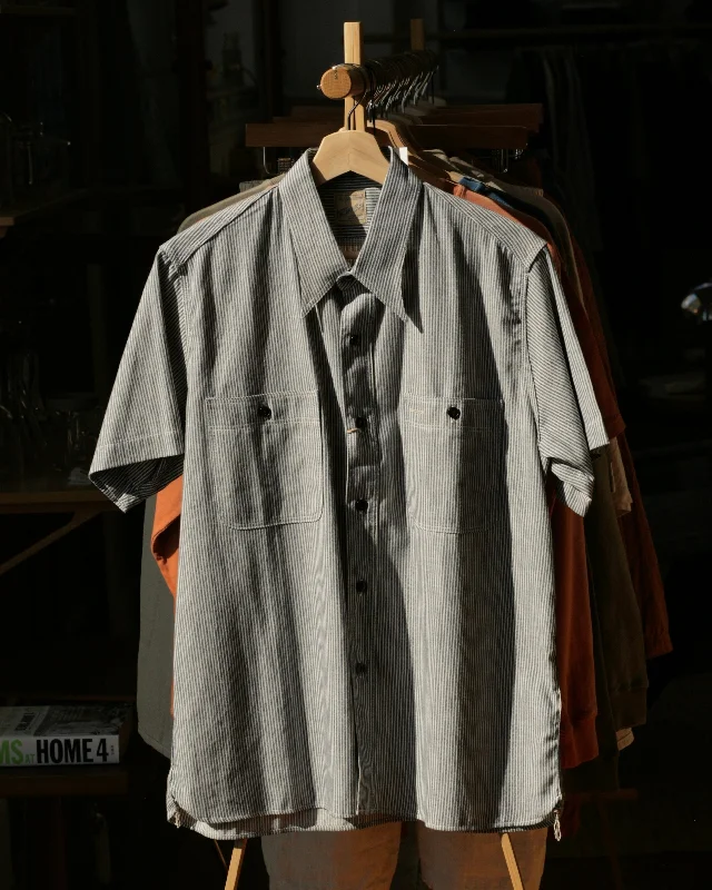Cropped Denim Top to Pair with High - Waisted Bottoms Ragtime Triple Stitch Hickory Stripe S/S Shirts in Dark Blue Cropped Denim Top to Pair with High - Waisted Bottoms Ragtime Triple Stitch Hickory Stripe S/S Shirts in Dark Blue