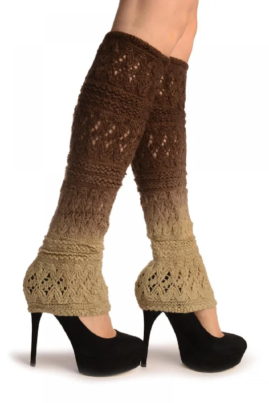 Woolen Leg Warmers for Cold Days​  Beige & Brown Ombre Soft Knitted Lace