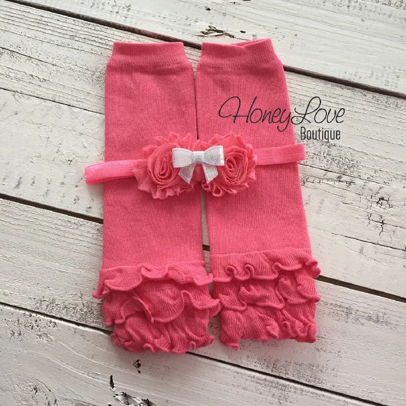 Acrylic Leg Warmers in Bright Colors Coral Pink Ruffle leg warmers and matching headband Acrylic Leg Warmers in Bright Colors Coral Pink Ruffle leg warmers and matching headband