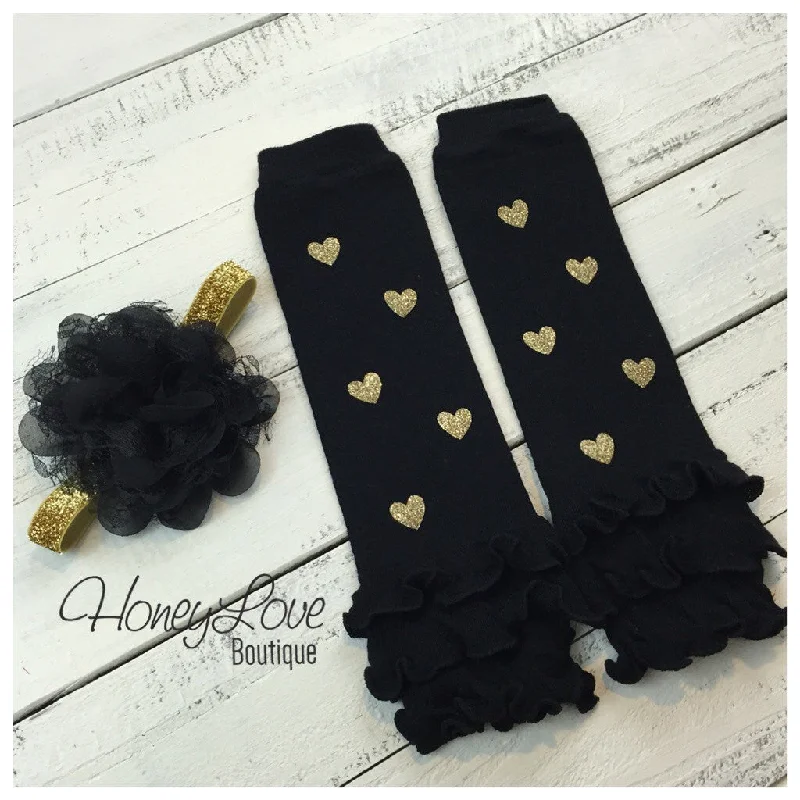 Knee - High Leg Warmers for Maximum Coverage Black Leg Warmers with Gold Glitter Hearts and matching headband Knee - High Leg Warmers for Maximum Coverage Black Leg Warmers with Gold Glitter Hearts and matching headband
