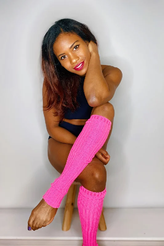 Cashmere Blend Leg Warmers​  Knee High Stirrup Legwarmers - Neon Pink
