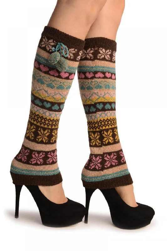 Floral - Printed Leg Warmers for Spring Nordic Snowflakes & Hearts On Brown With Ponpon Floral - Printed Leg Warmers for Spring Nordic Snowflakes & Hearts On Brown With Ponpon