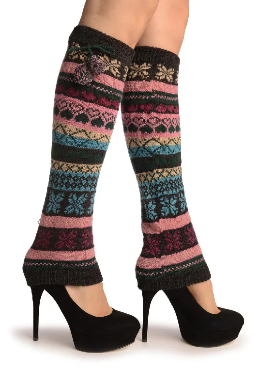 Knee - High Leg Warmers for Maximum Coverage Nordic Snowflakes & Hearts On Grey With Ponpon Knee - High Leg Warmers for Maximum Coverage Nordic Snowflakes & Hearts On Grey With Ponpon