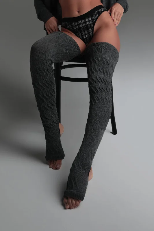 Thigh - High Leg Warmers for Added Warmth​  Rolling Cable Knit Thigh High Leg Warmers with Stirrups - Charcoal