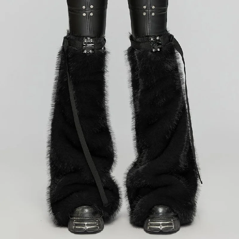   Women's Punk Buckle Faux Fur Leg Warmers Black